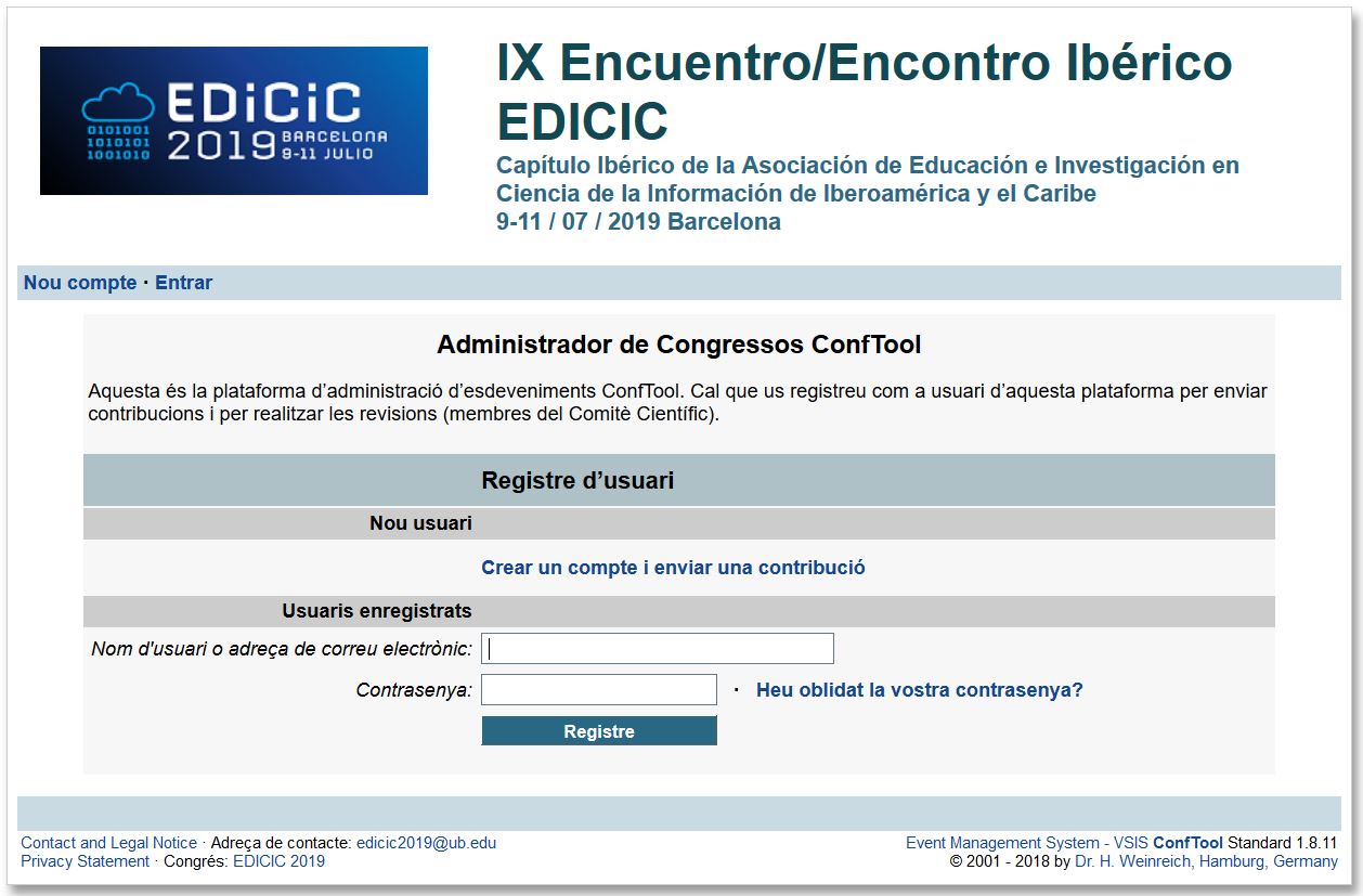 Plataforma d'enviament de propostes a EDICIC2019